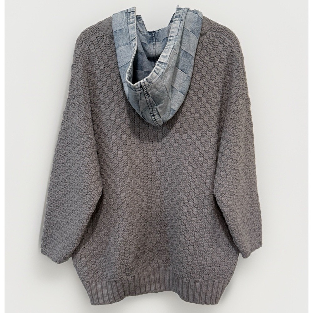BiBi Gray Knit Twofer Cardigan Jean Jacket S Oversized Denim Hood Layered Check - Picture 3 of 9